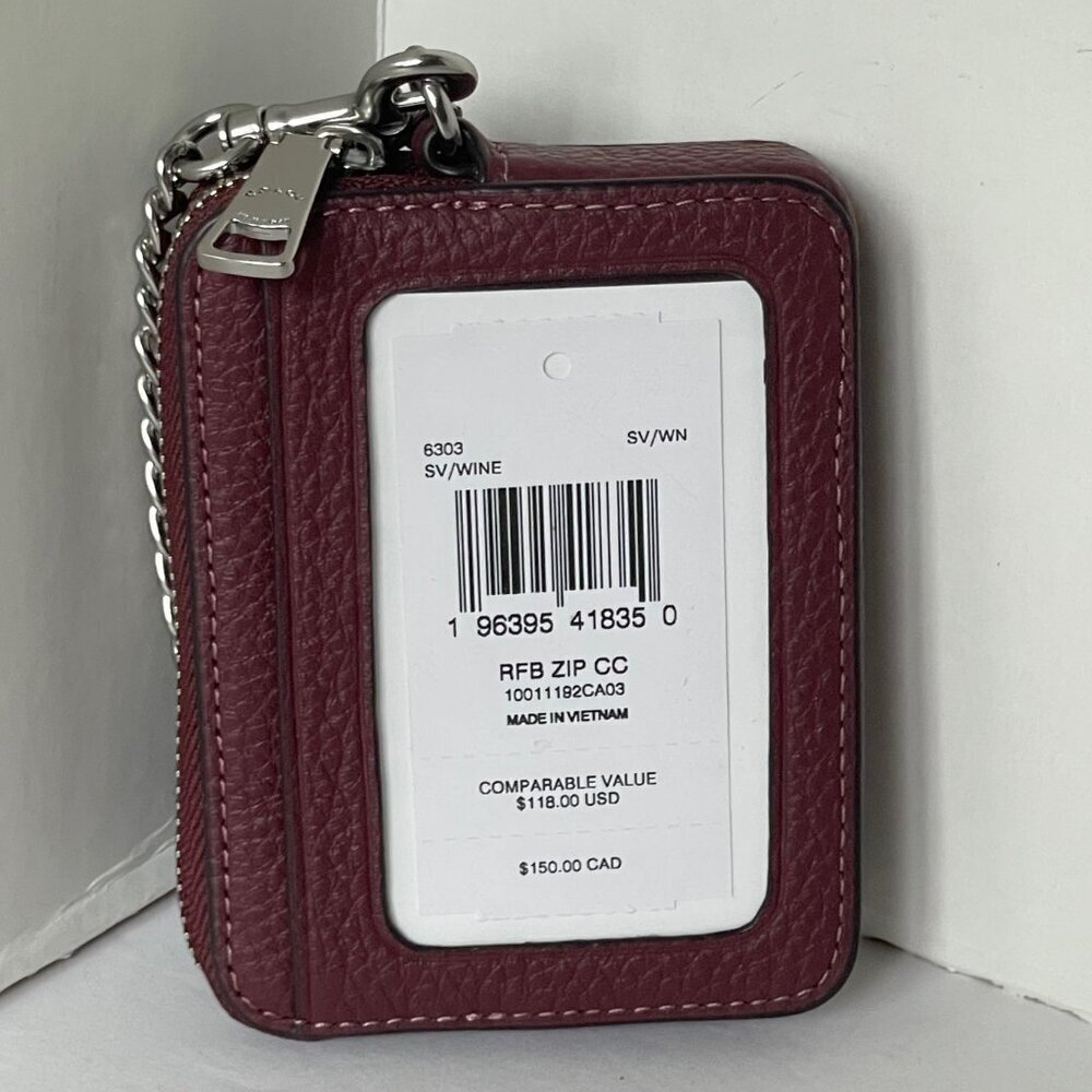 Coach Zip Card Case ID Wallet Red Wine Pebbled Leather 6303 Mini Chain Strap - Picture 2 of 3